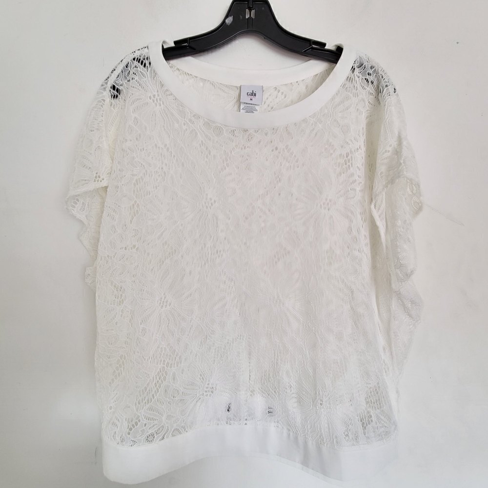 Cabi White Cotton Blend Floral Lace Cap Sleeve Sheer Blouse Top Shirt Sz Medium